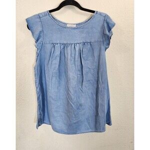 LOFT Outlet Top S Blue Chambray Faux Denim Lyocell Flutter Sleeve Pleated Soft